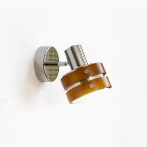 Karry mid-century modern wall sconce with chrome finish and walnut wood detail, front studio view