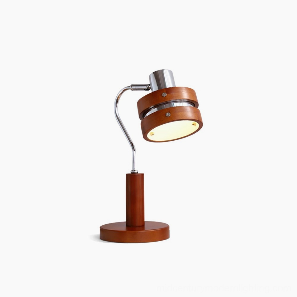 Karry mid-century modern table lamp with walnut wood base and chrome metal swivel head, front view studio shot