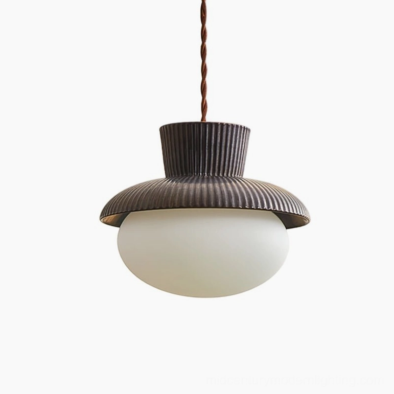 Kaskad ribbed ceramic pendant light black and white variant, front central view displaying complete fixture design and monochrome finish