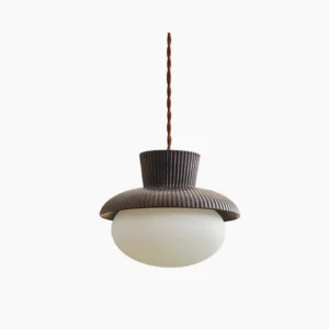 Kaskad ribbed ceramic pendant light with frosted glass sphere, front view showcasing vertical texture detail and minimalist mid-century modern design