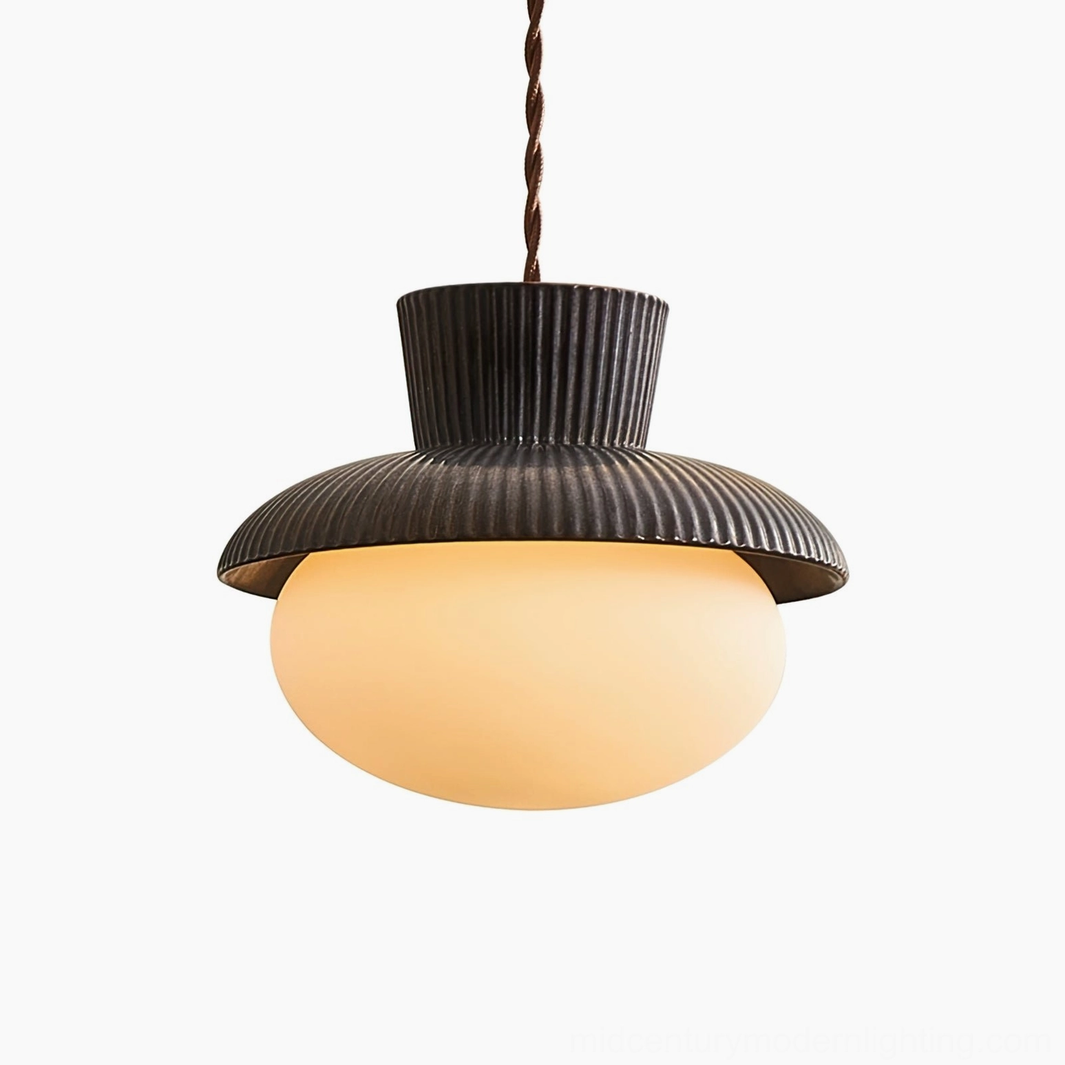 Kaskad modern pendant lamp highlighting scandinavian minimalist design language with ceramic ribbed detail and frosted glass diffuser combination