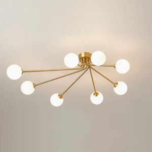 8-head Kaspa sputnik flush mount ceiling light with brass frame and frosted glass, eye-level overhead view