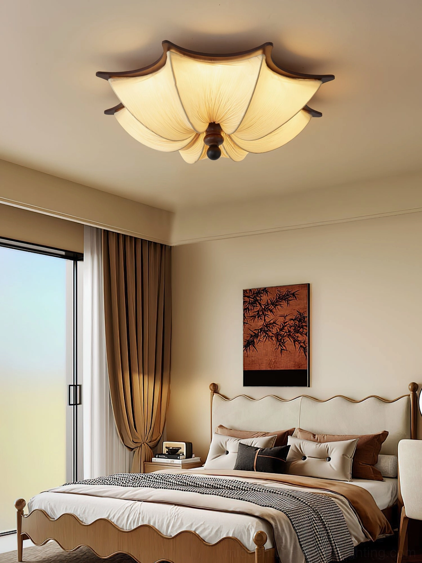 Kateo organic modern ceiling light installed in warm master bedroom, soft ambient lighting over bed