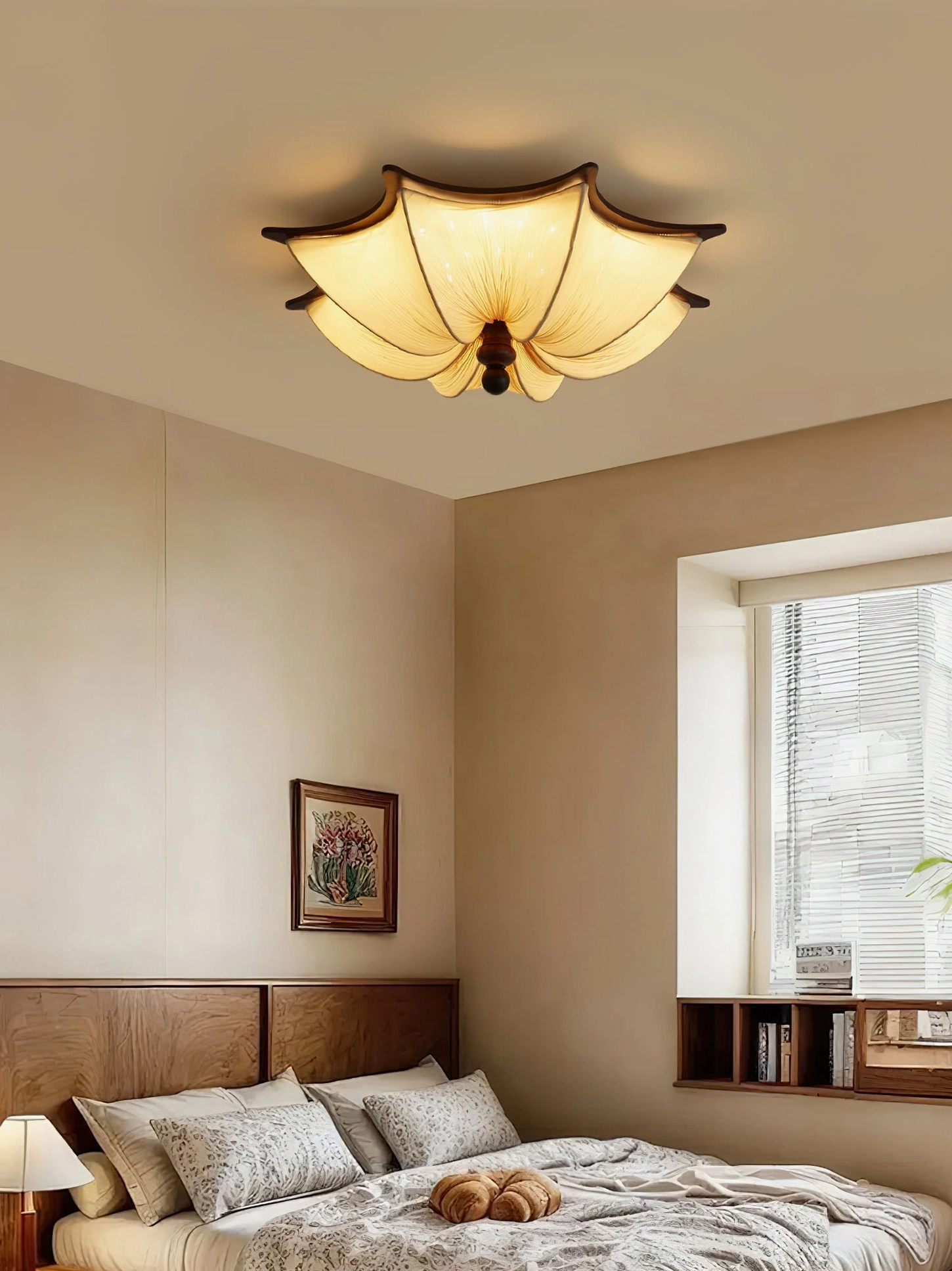 Kateo flush mount ceiling light in cozy bedroom setting with wooden bed frame and natural window light