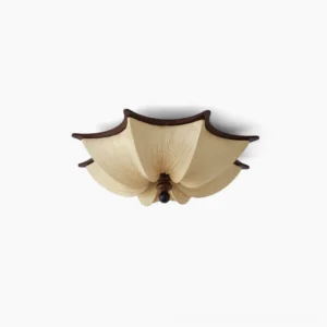 Kateo pleated fabric ceiling light with hand-folded beige shade and walnut wood frame, lotus-shaped pendant fixture