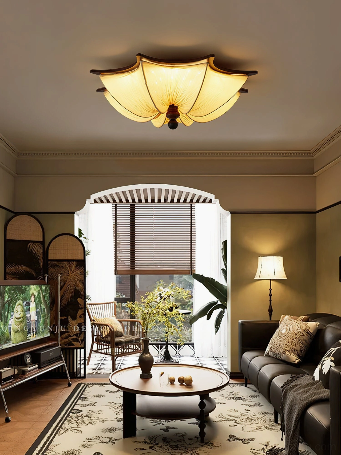 Retro vintage living room with Kateo ceiling light, arched window and contemporary sectional sofa