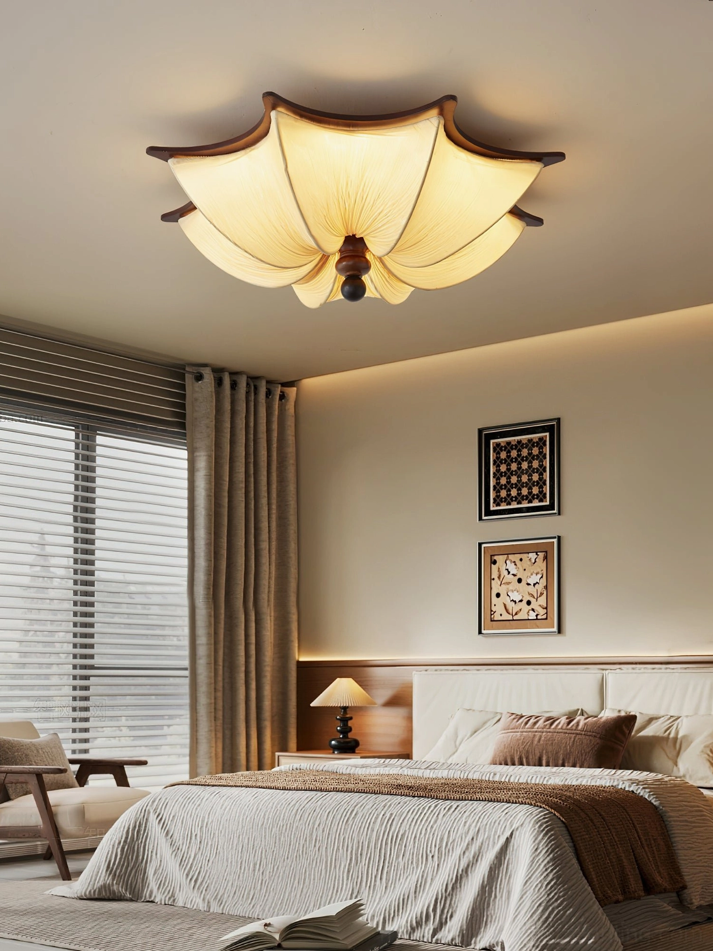 Modern neutral bedroom with Kateo vintage-inspired ceiling lamp, framed wall art and minimalist decor