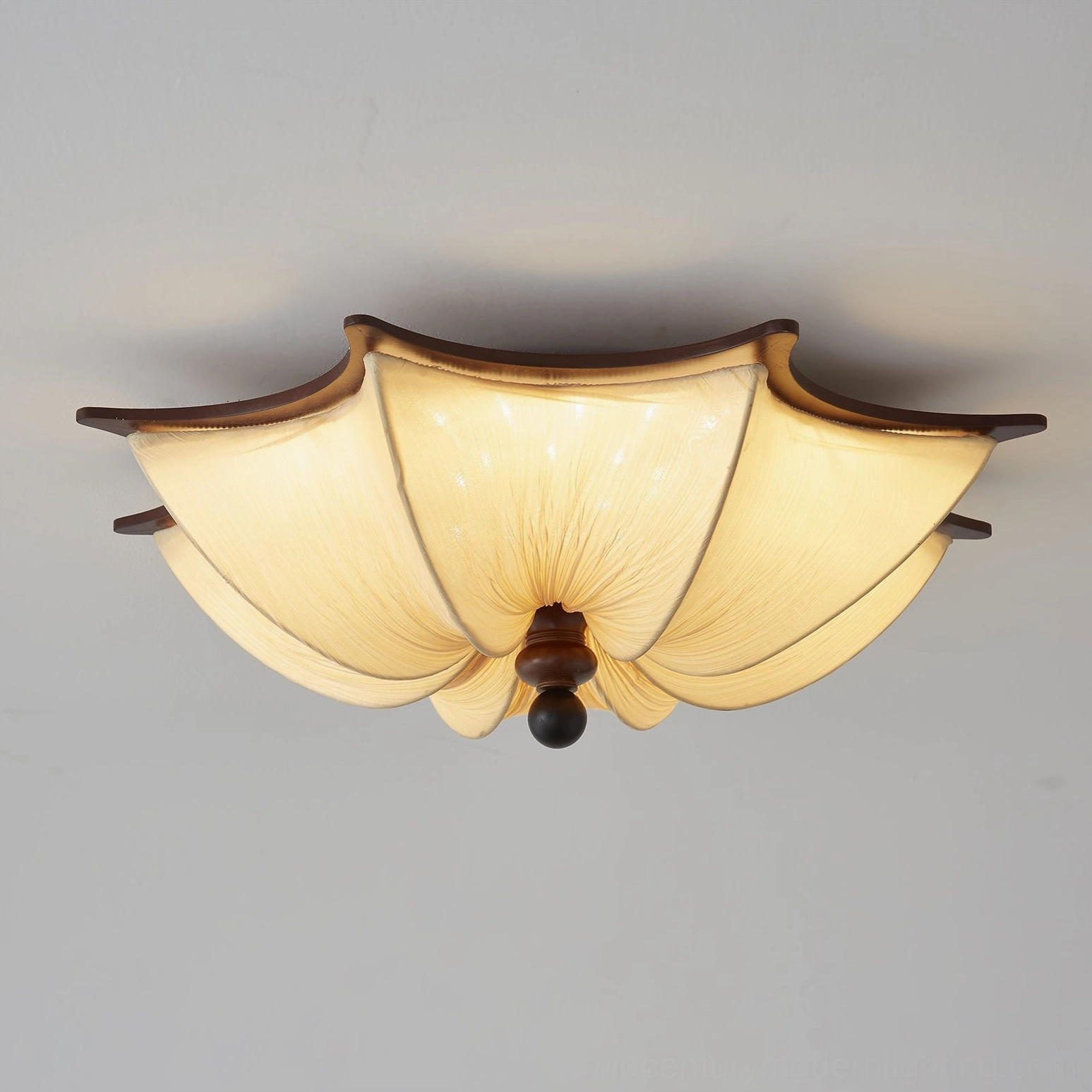 Kateo sculptured wood ceiling fixture with hand-pleated shade, contemporary mid-century modern design