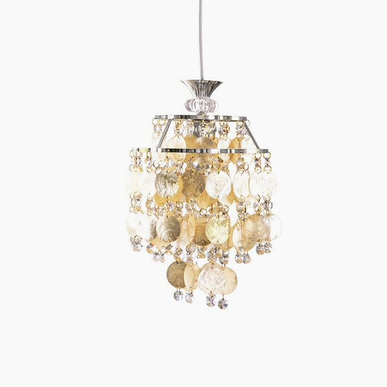 Katinka pendant light chrome and gold frame version on white background, front view with tiered capiz shell and crystal design