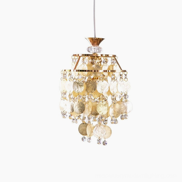 Katinka shell crystal pendant light gold finish on white background, front view showing complete tiered design and metal fixture
