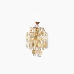 Katinka capiz shell pendant light with layered shells and crystal accents on white background, gold metal frame