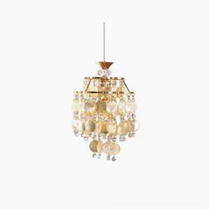 Katinka capiz shell pendant light with layered shells and crystal accents on white background, gold metal frame
