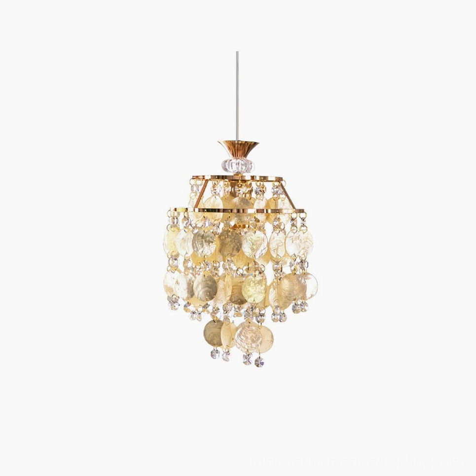 Katinka capiz shell pendant light with layered shells and crystal accents on white background, gold metal frame