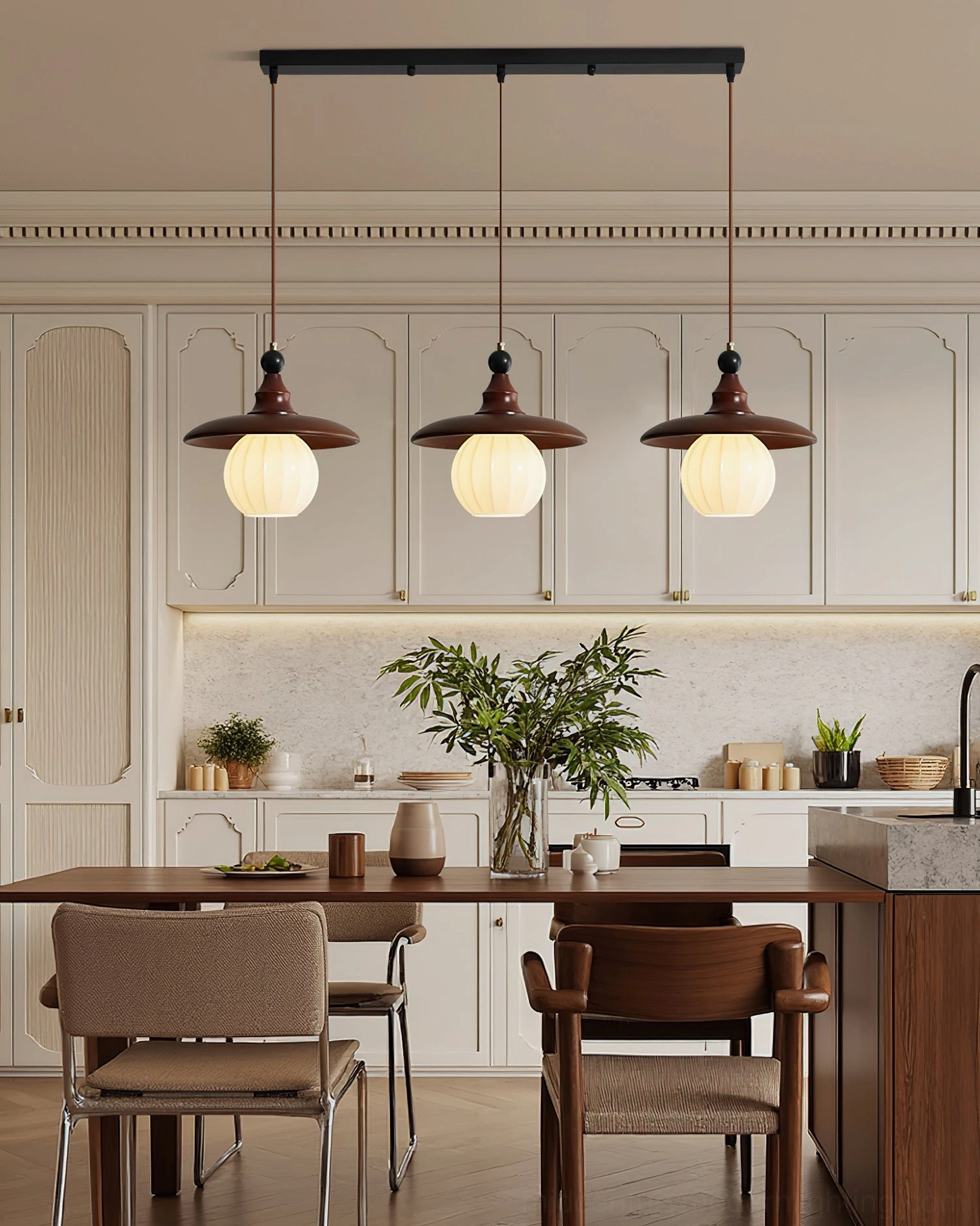 3-light Kato linear pendant in modern farmhouse kitchen dining zone integrated styling