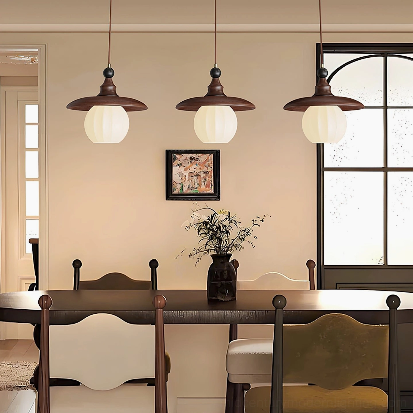 Kato mid-century pendant light detail shot showing ribbed glass shade and brass hardware
