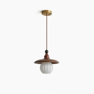 Kato mid-century modern pendant light with walnut metal shade and ribbed glass globe, studio front view