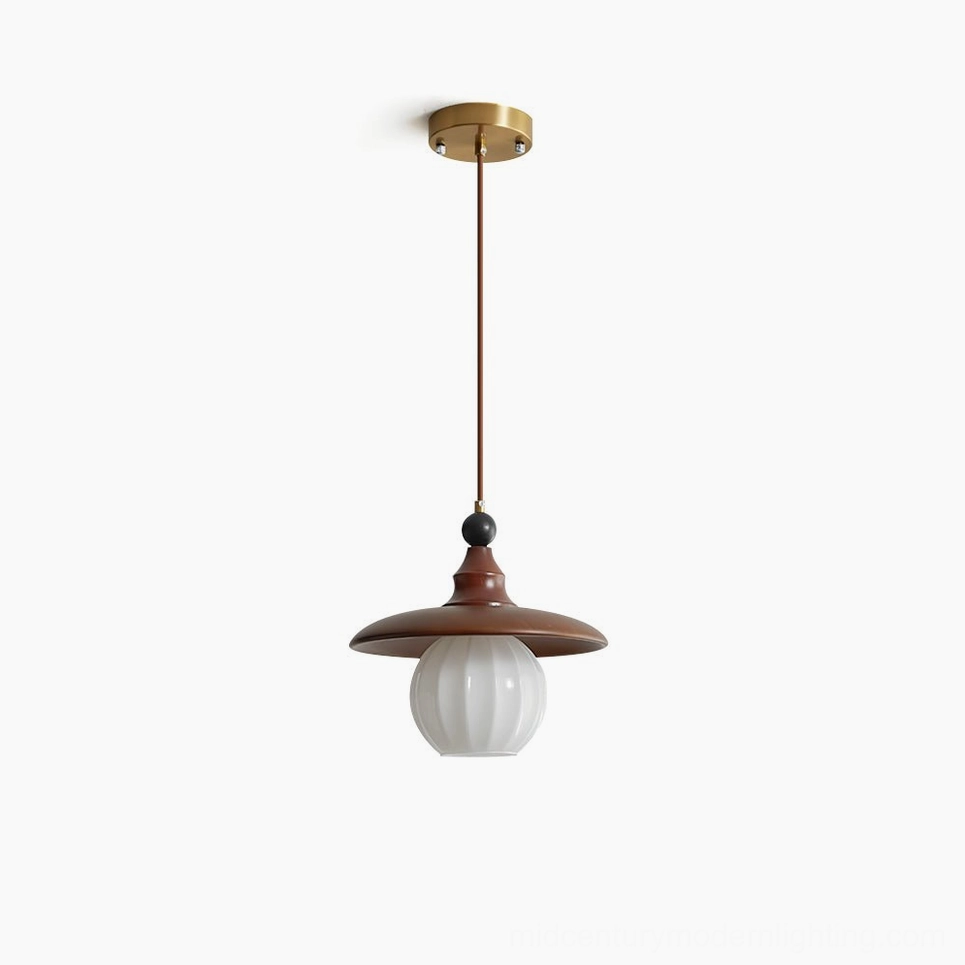 Kato mid-century modern pendant light with walnut metal shade and ribbed glass globe, studio front view
