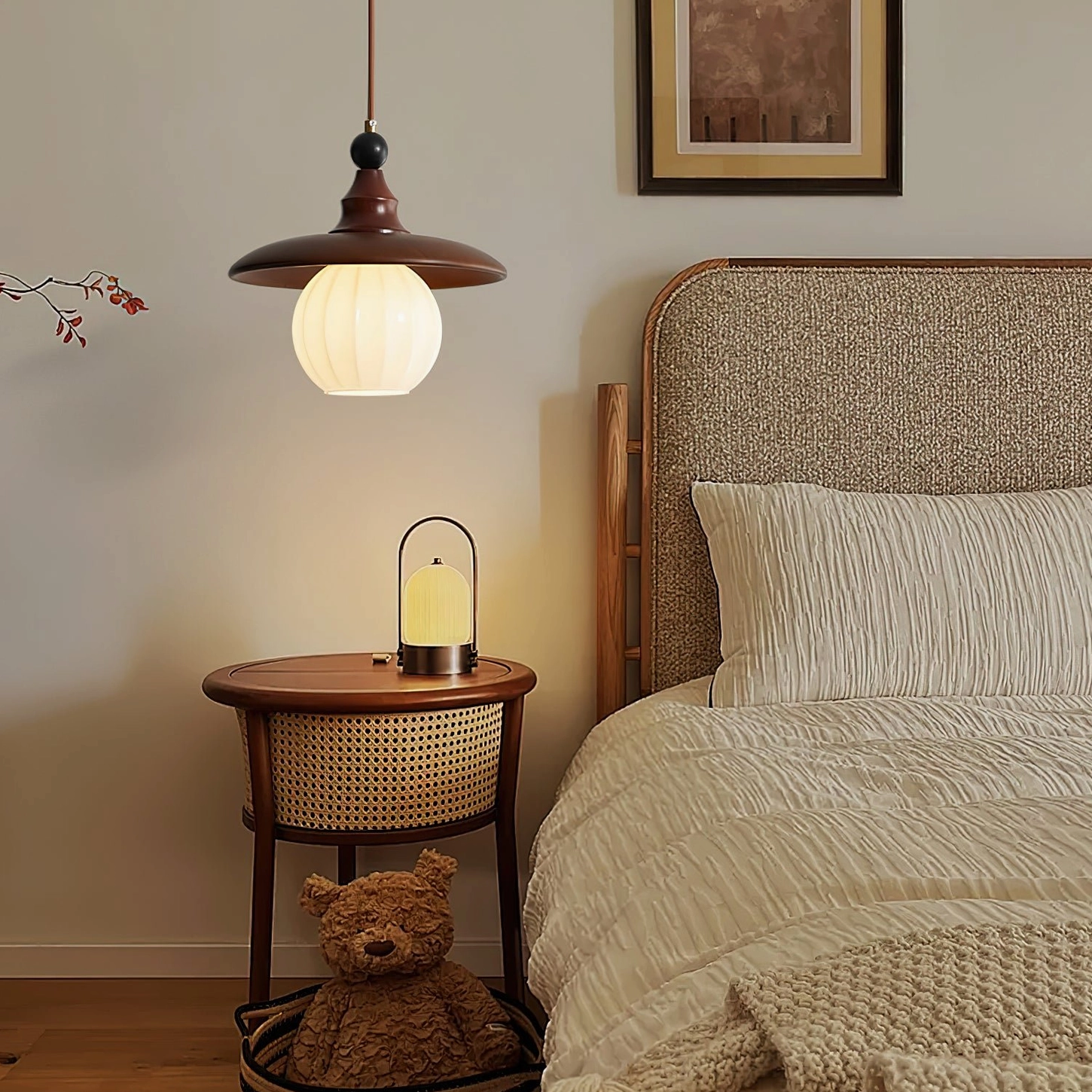 Kato single pendant light lit in cozy bedroom bedside styling, retro accent lighting