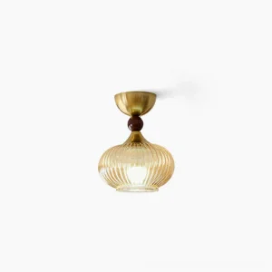 Kaydan ribbed amber glass flush mount ceiling lamp front view studio shot mid-century modern design