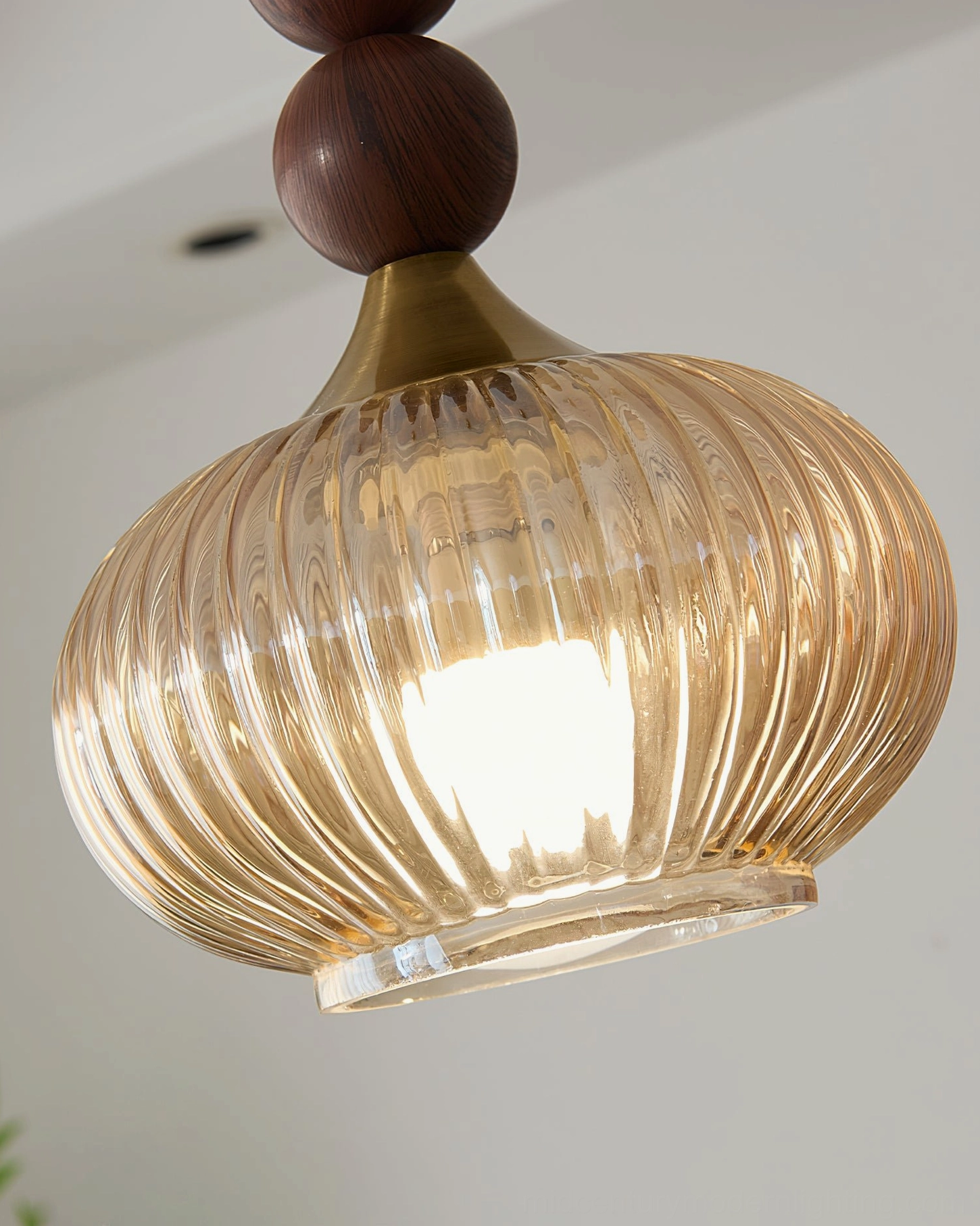 Kaydan vintage brass pendant with wood accents and ribbed glass shade