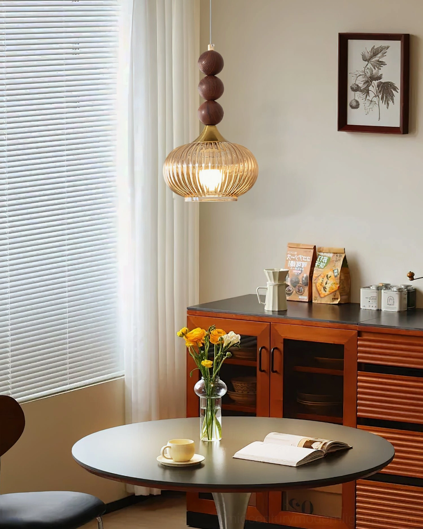 Kaydan ribbed glass wooden bead pendant light in vintage dining room with round table