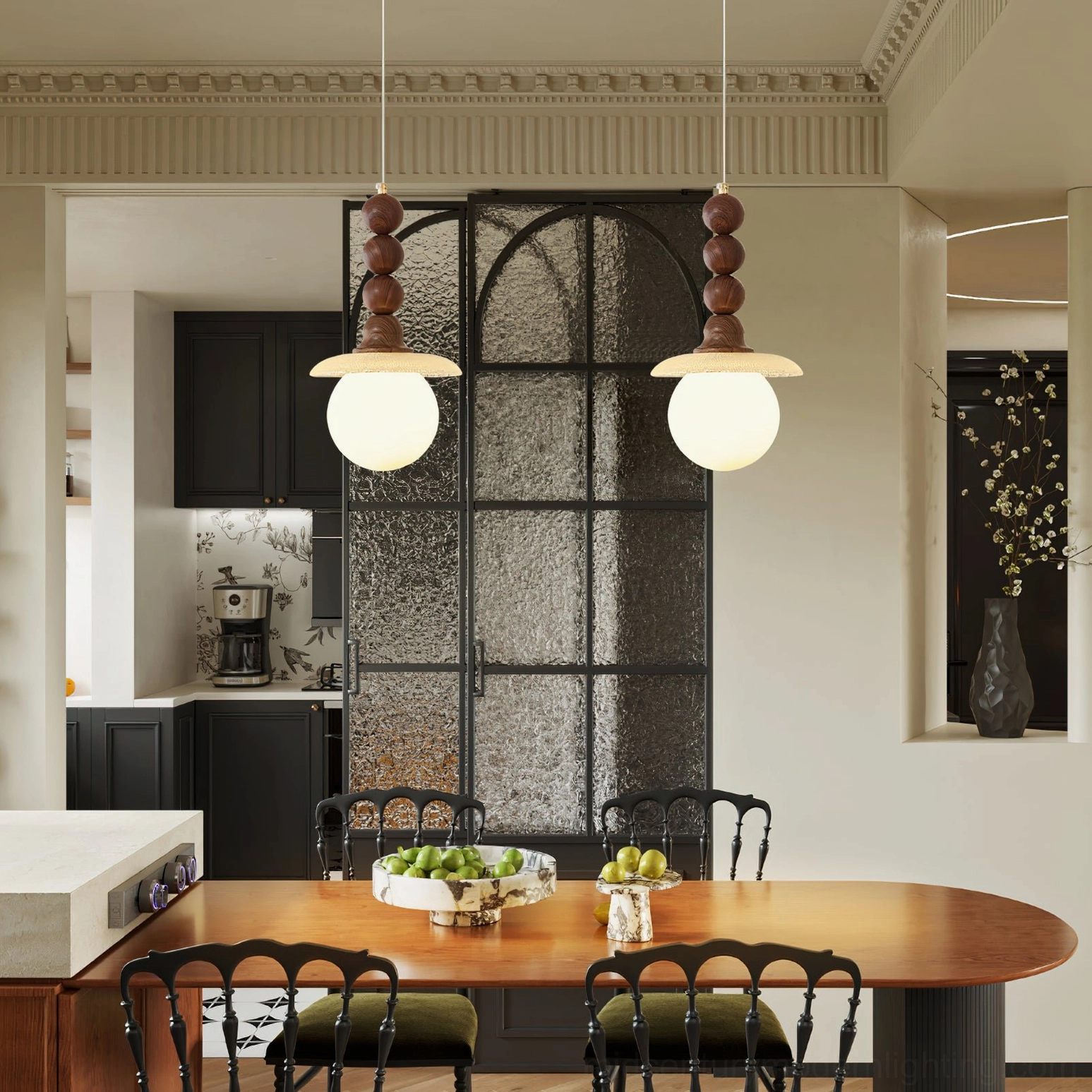 Two frosted ball fabric shade Kaydan pendants in French retro country dining room