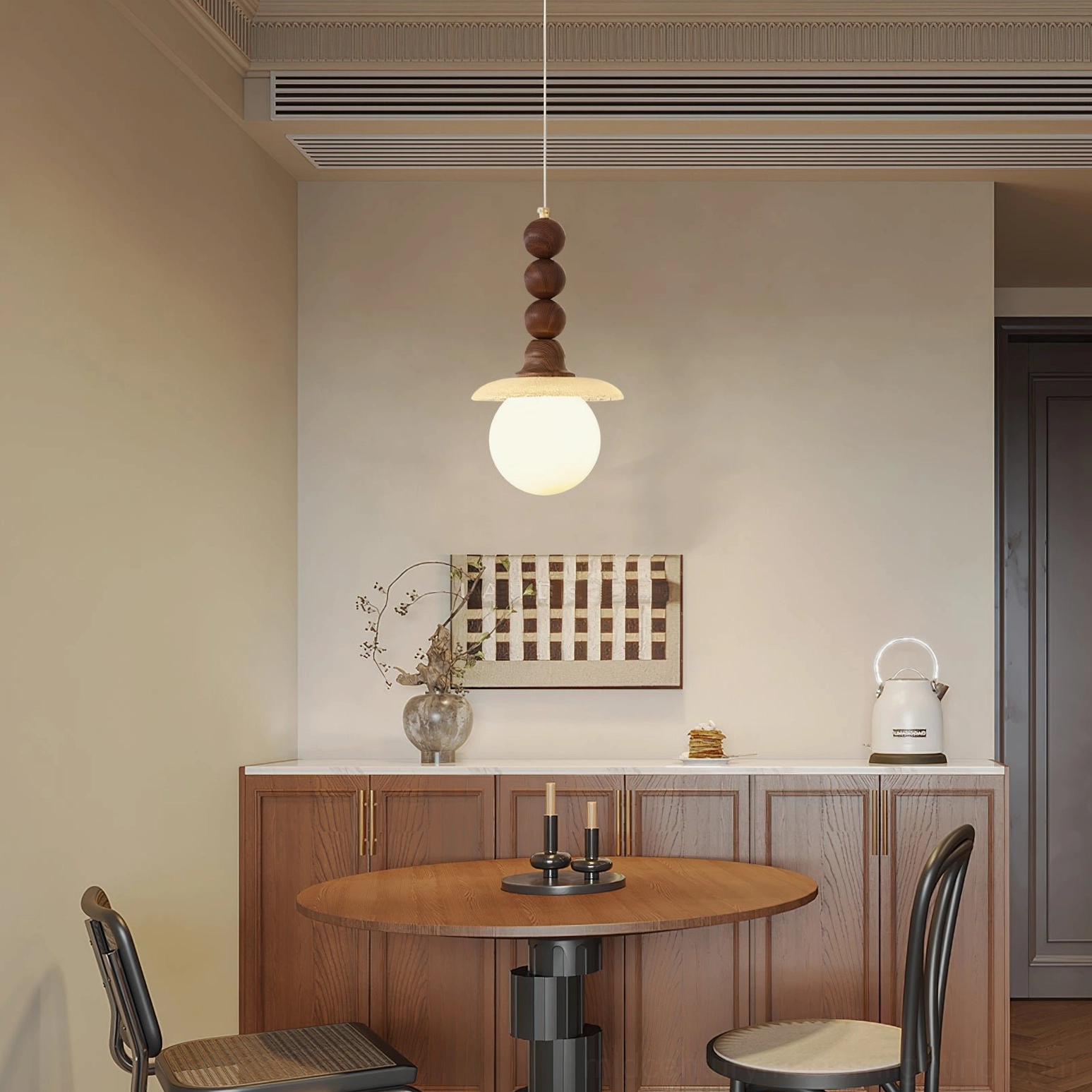 Kaydan mid-century modern pendant light detail showing brass and glass construction