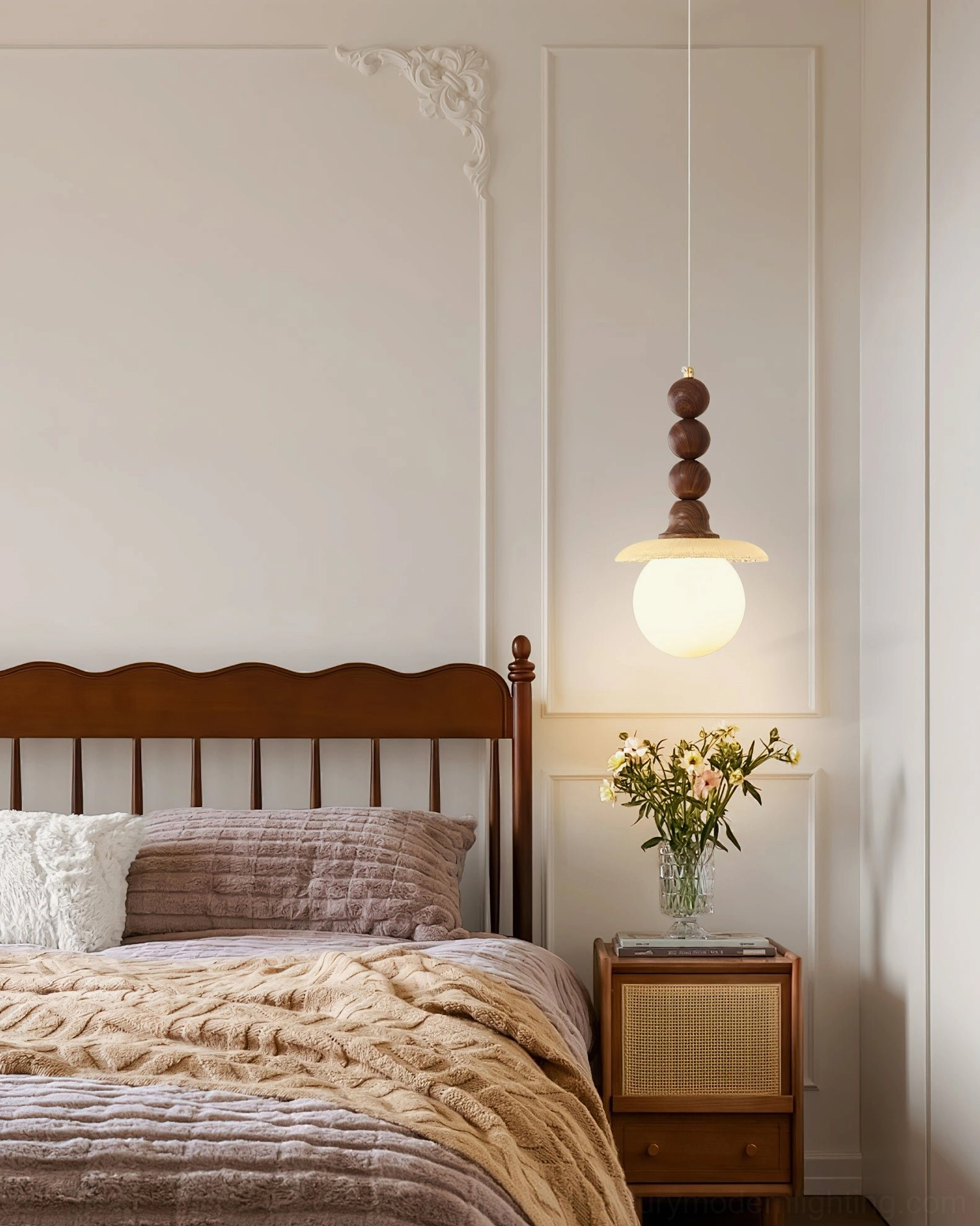 Kaydan frosted ball fabric shade pendant light in cozy mid-century modern bedroom