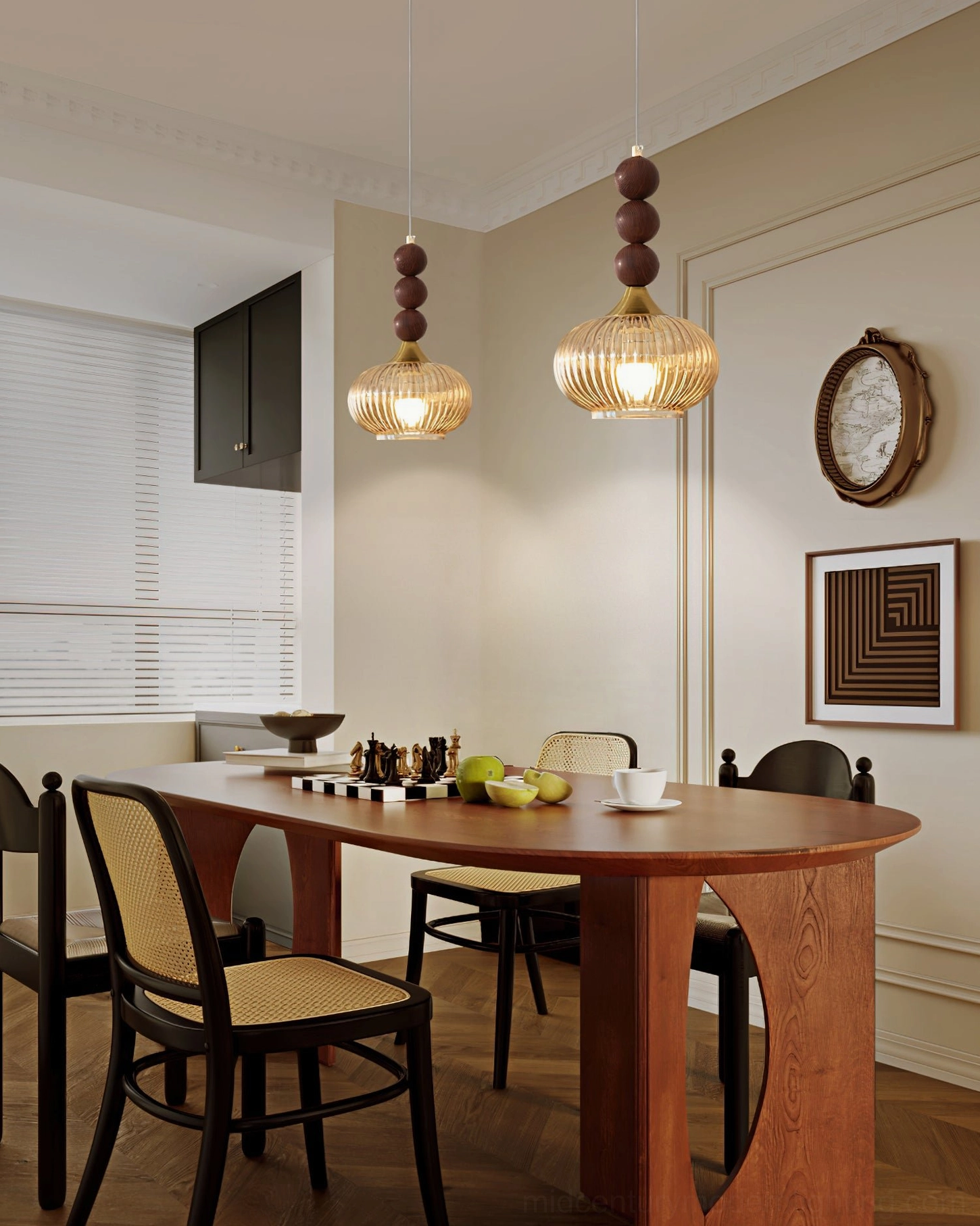 Two Kaydan mixed style pendant lights in vintage dining room with long wooden table