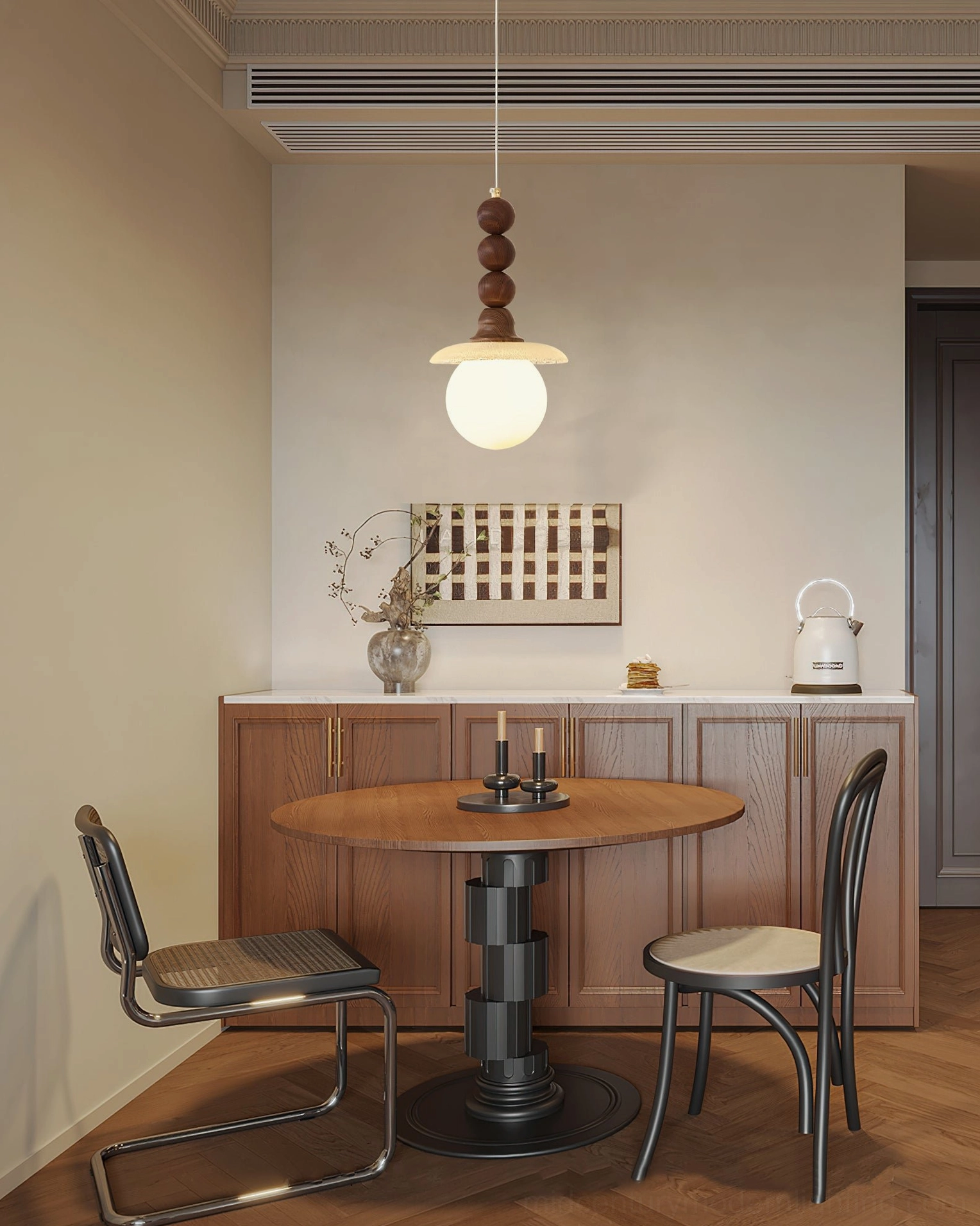 Kaydan frosted ball fabric shade pendant in minimalist mid-century modern dining nook