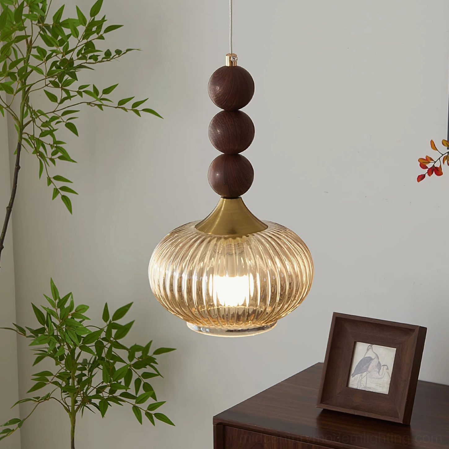 Kaydan pumpkin ribbed glass pendant with wood beads and brass accents, vintage home corner