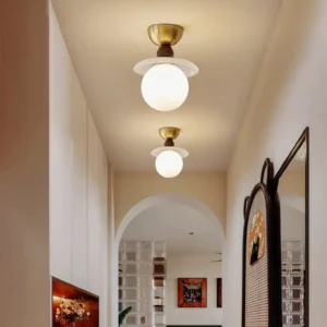 Kaydan white globe flush ceiling lamp hallway corridor installation warm vintage aesthetic