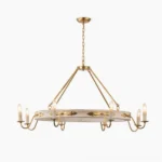 Kayleigh 8-head farmhouse chandelier with distressed white and gold finish, overhead studio view showing circular wooden frame and brass arms with candle-style bulbs