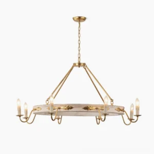 Kayleigh 8-head farmhouse chandelier with distressed white and gold finish, overhead studio view showing circular wooden frame and brass arms with candle-style bulbs