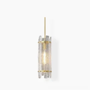 Kean handcrafted faceted glass pendant lamp with polished brass frame and clear ribbed glass shade, studio front view with warm LED illumination