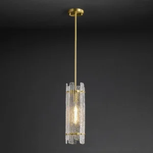 Mid-century modern Kean pendant ceiling lamp with brass suspension rod and textured glass shade, low-angle indoor installation view