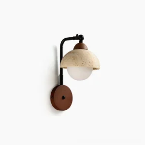 Kell travertine wall sconce front view, minimalist wabi-sabi design with frosted travertine shade and matte black metal arm