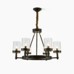 Kelleher mid-century modern 8-head black chandelier with clear glass shades front overhead view