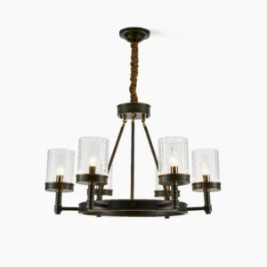 Kelleher mid-century modern 8-head black chandelier with clear glass shades front overhead view
