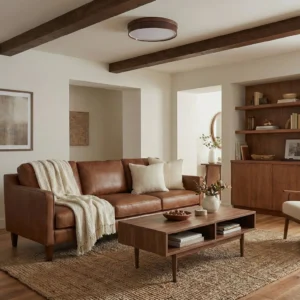 Kelsey ceiling light installed in rustic modern farmhouse living room with leather sofa and exposed ceiling beams, warm ambient lighting