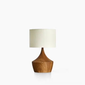 Kendra walnut wood table lamp front view with off-white fabric shade - mid-century modern minimalist design