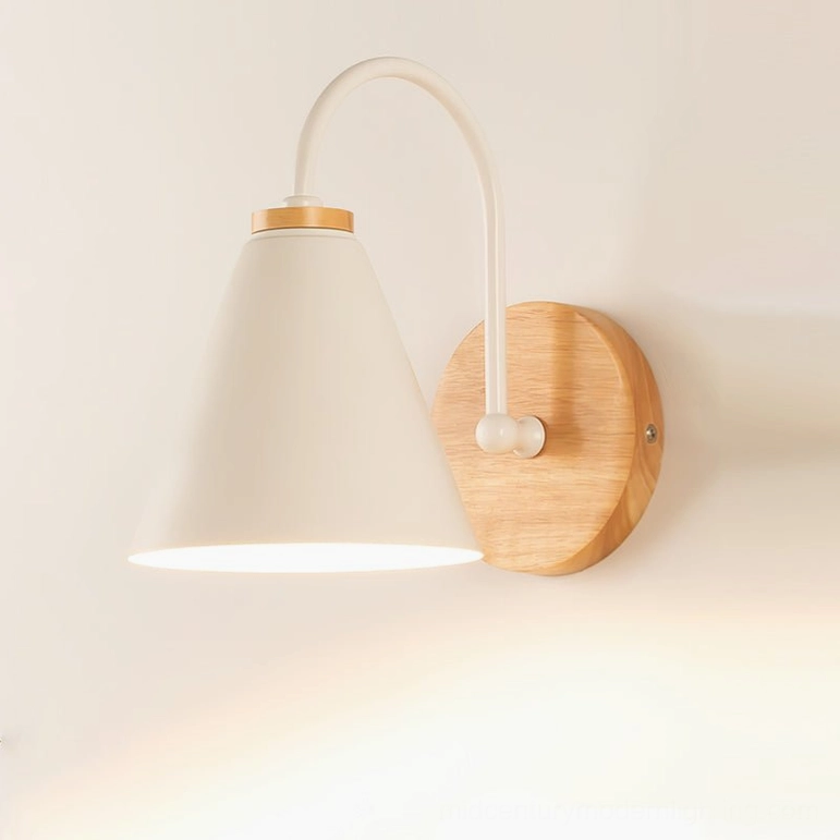 Kenji Scandinavian wall sconce front flat view showing minimalist white and wood design with balanced proportions