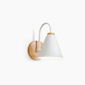 Kenji Scandinavian wall sconce with white metal cone shade and natural wood wall plate on minimalist white studio background