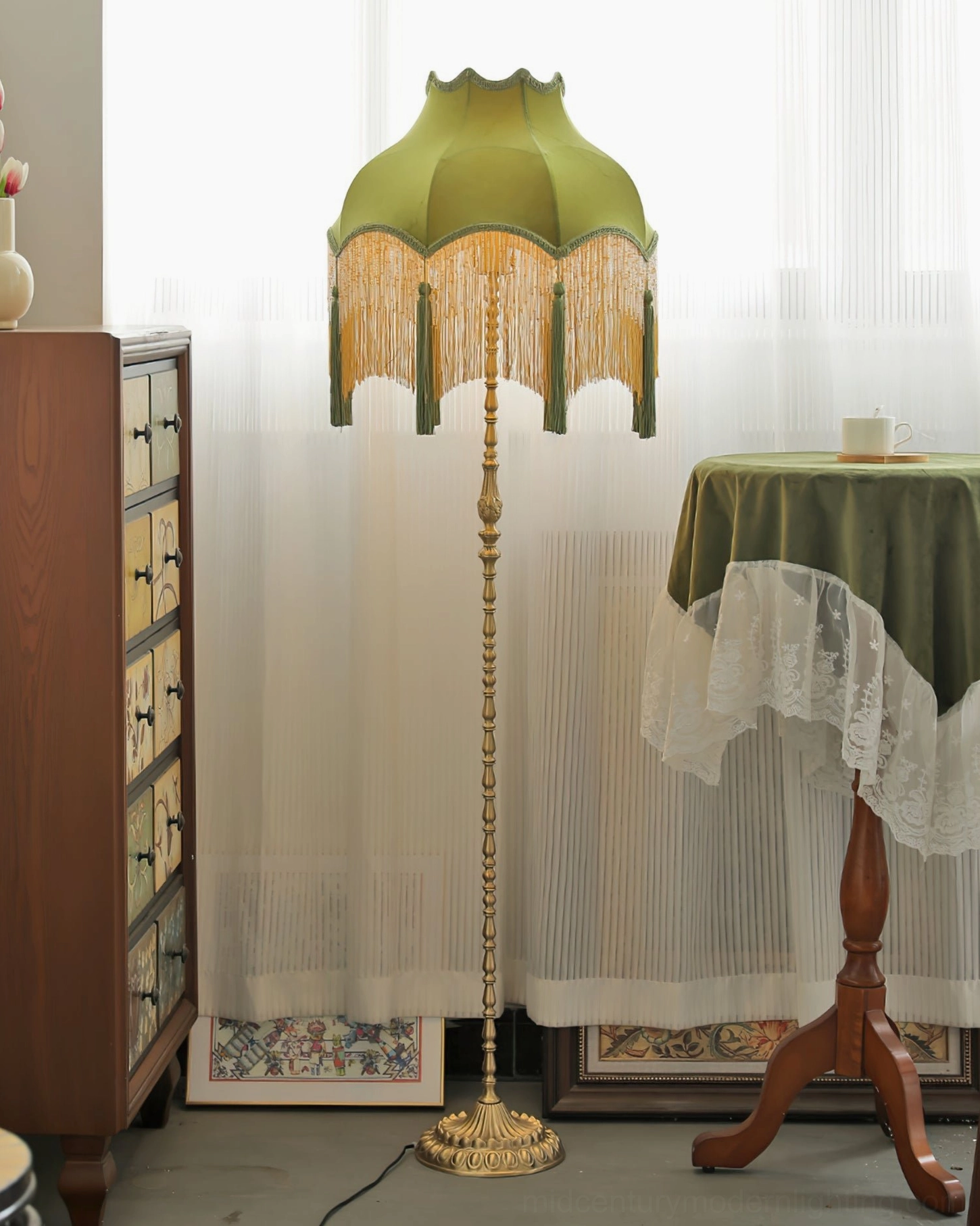 Kennedy mid-century modern floor lamp side profile elegant vintage home with sheer curtains and side table