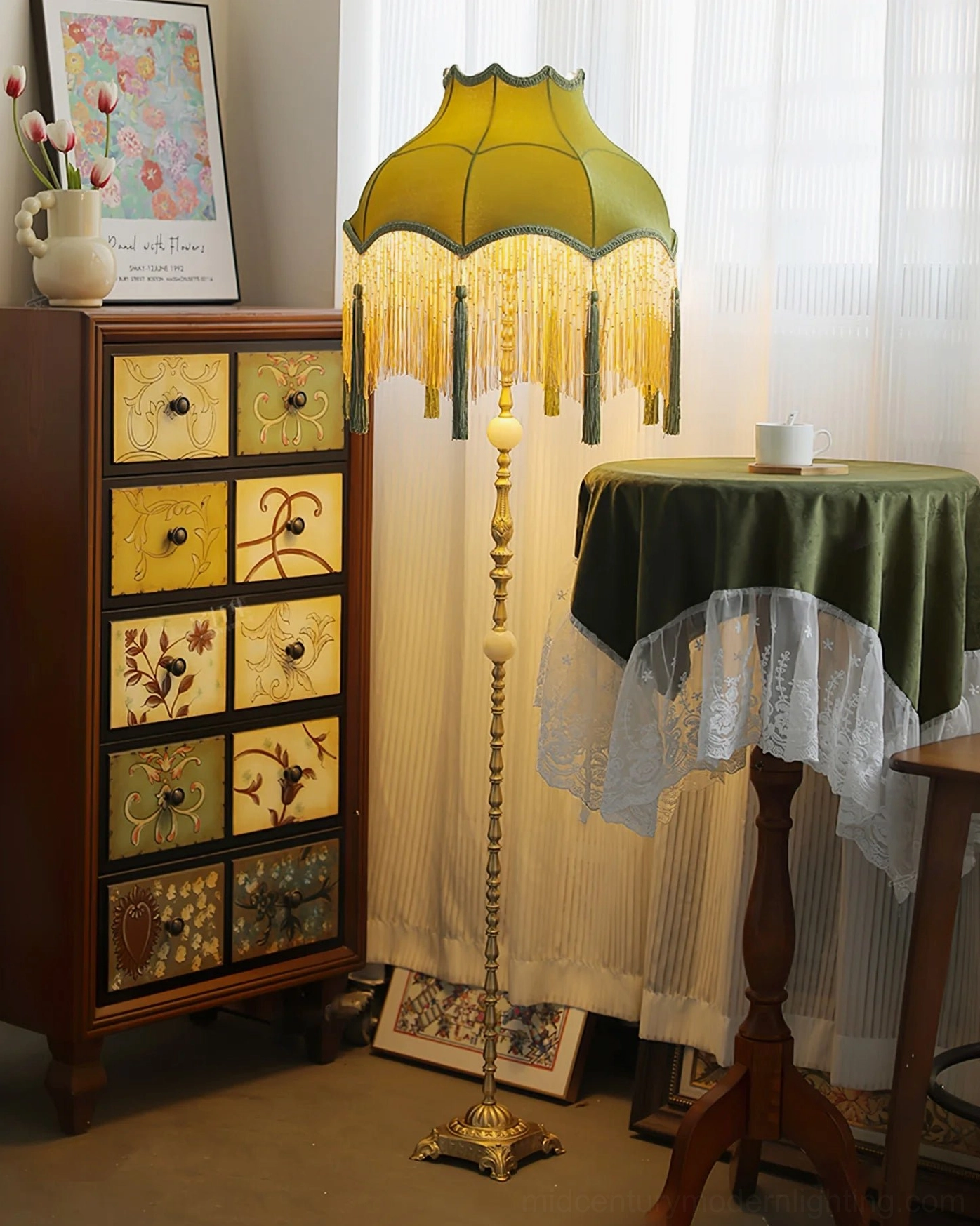Kennedy green fabric floor lamp warm romantic retro style three-quarter view cozy vintage corner with side table