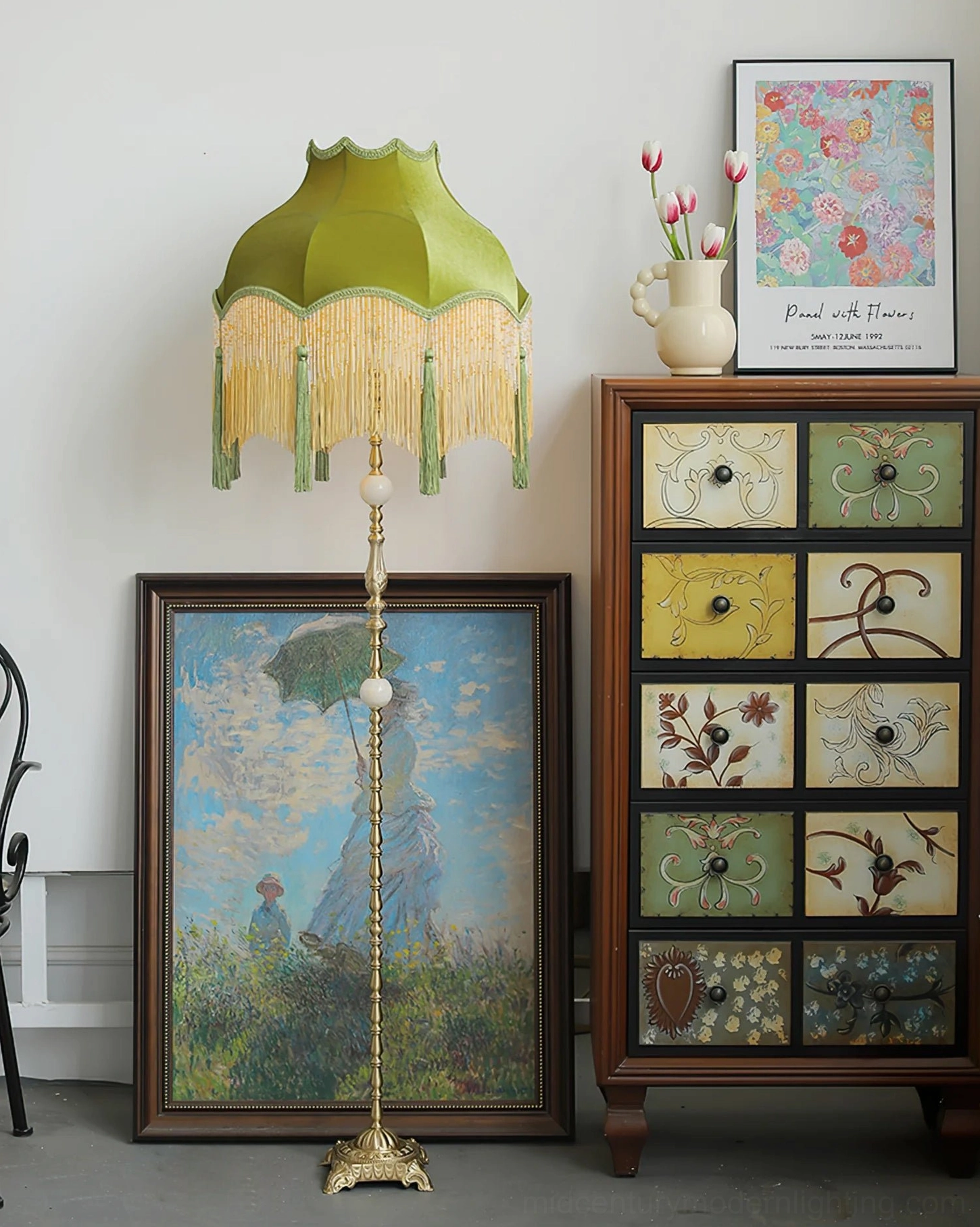 Kennedy green fabric floor lamp side view in French retro country style home with decorative cabinet