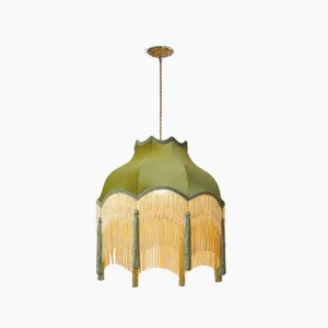 Kennedy mid-century modern fabric pendant lamp with brass hardware and green scalloped shade, studio front view on white background