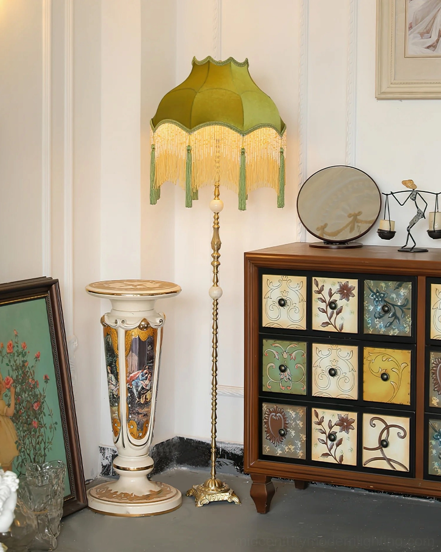 Kennedy mid-century floor lamp vintage French country decor style with decorative vase cabinet and artworks