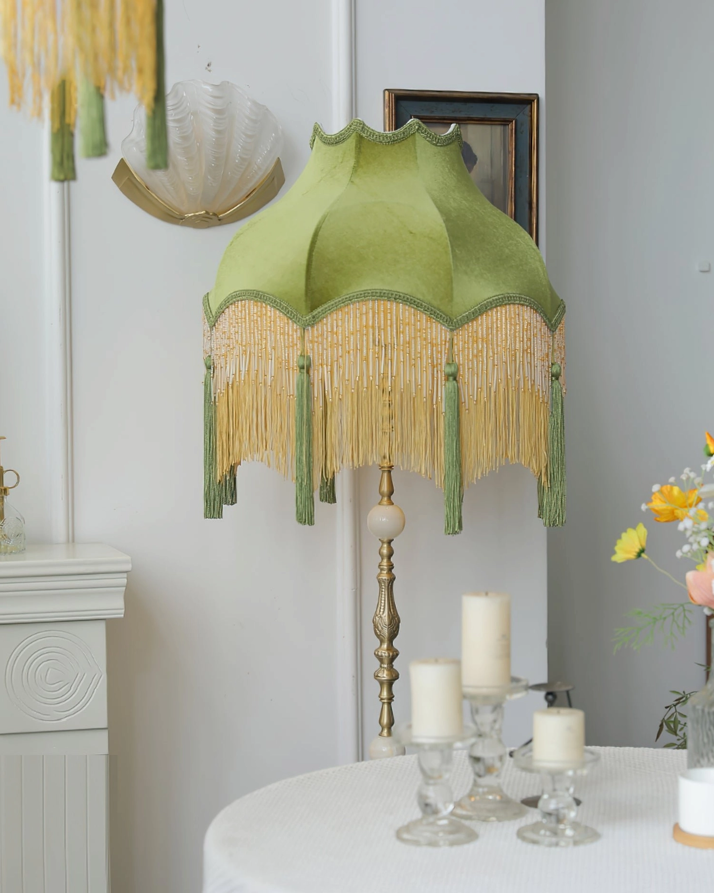 Kennedy mid-century modern floor lamp emerald green fabric shade brass base detail close-up