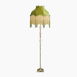 Kennedy mid-century modern green fabric floor lamp full frontal studio view with brass base and tassel detail